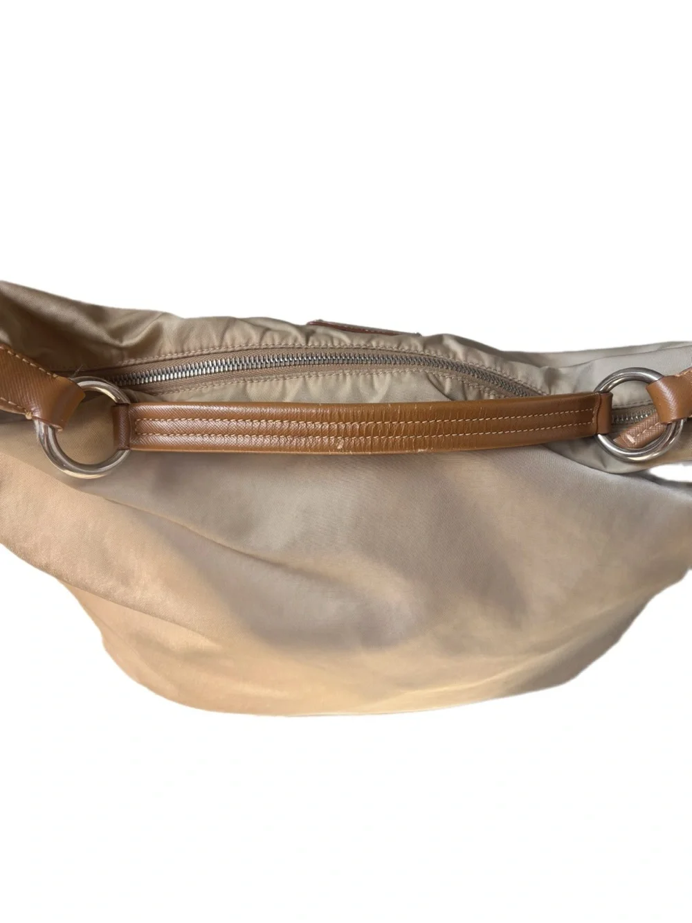 Vintage Prada Tessuto hobo bag crafted from beige/khaki nylon with leather strap